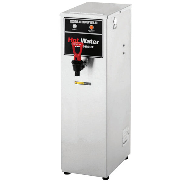 A white rectangular Bloomfield hot water dispenser with a red handle.