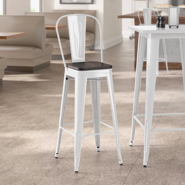 Lancaster Table & Seating Alloy Series White Indoor Cafe Barstool with Black Wood Seat