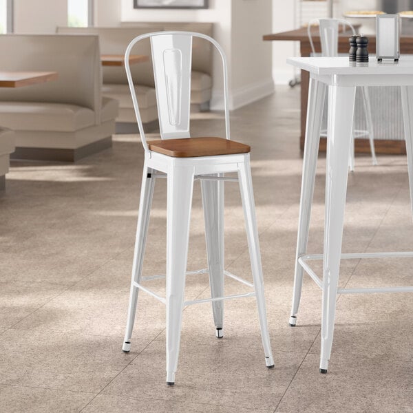 Lancaster Table & Seating Alloy Series White Indoor Cafe Barstool with Walnut Wood Seat
