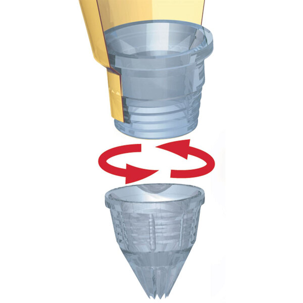 A clear plastic funnel with a red arrow pointing to the top.