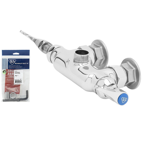 A T&S chrome plated wall mounted pantry faucet base with a rigid outlet and blue handles.