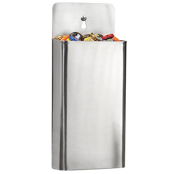 A stainless steel wall-mounted bottle cap catcher with a keyhole.