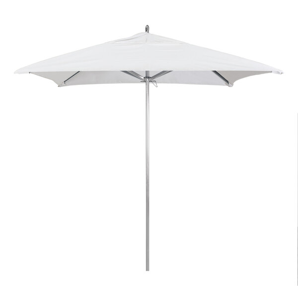 A white California Umbrella with a white Sunbrella canopy and a metal pole.