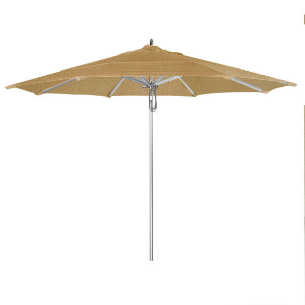 A tan California Umbrella with a metal pole.