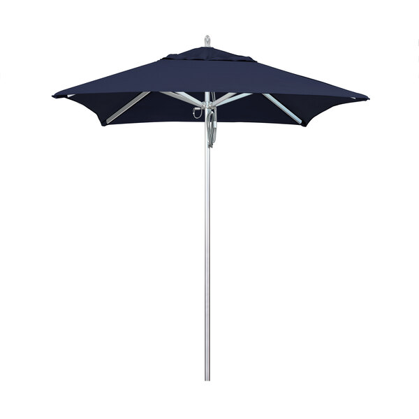 A blue California Umbrella with a Sunbrella navy canopy on a white background.