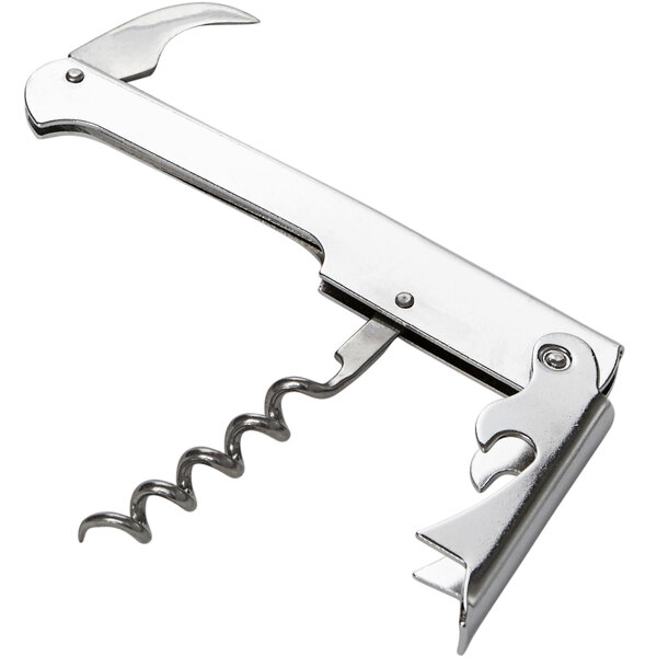 A stainless steel American Metalcraft waiter's corkscrew with a curved knife.