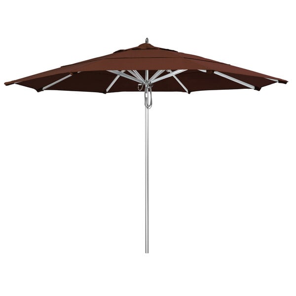 A brown California Umbrella with a pole.