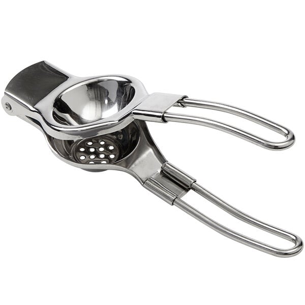 An American Metalcraft stainless steel citrus juicer with a handle.