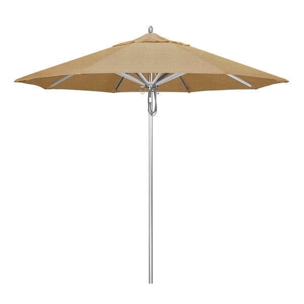 A California Umbrella linen sesame tan umbrella canopy on a metal pole.