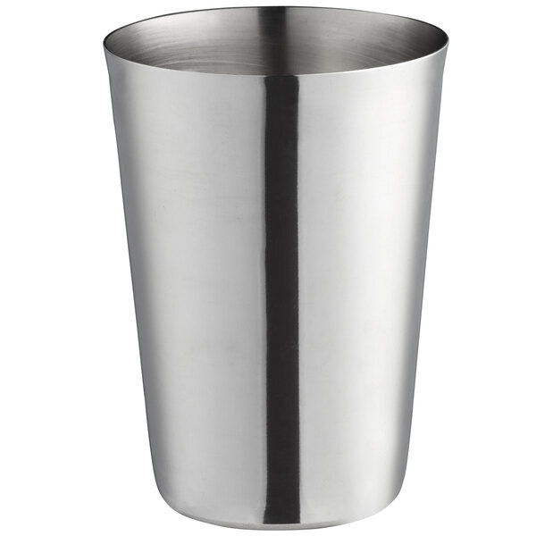 A silver stainless steel American Metalcraft cocktail shaker cup with a thin handle.