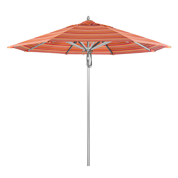 A California Umbrella with orange and white striped Sunbrella canopy on a metal pole.