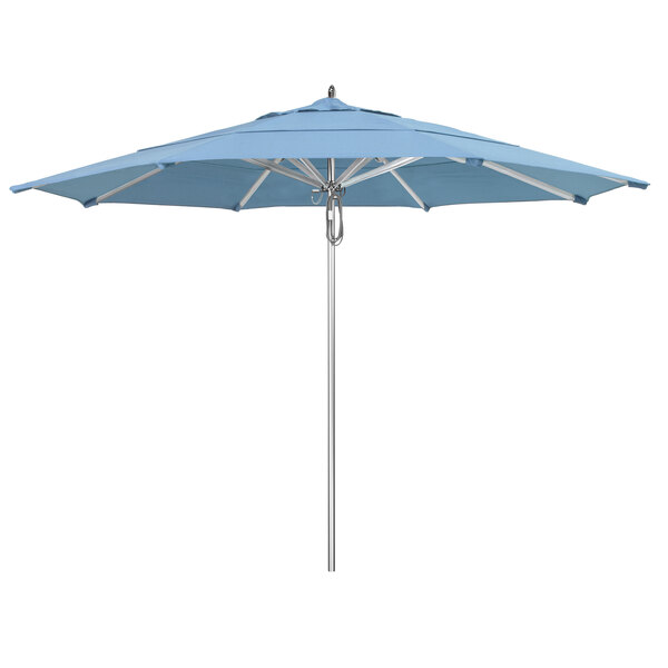 A blue California Umbrella with a Sunbrella Air Blue canopy and white pole.