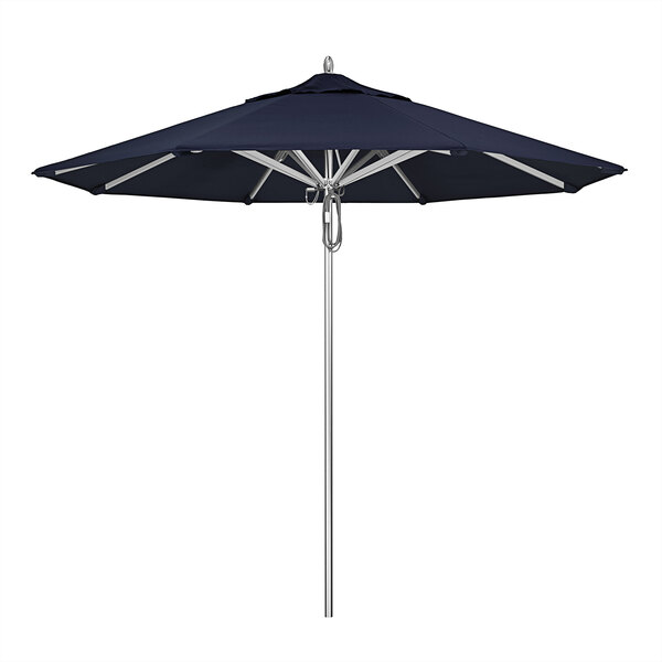 A California Umbrella with a navy blue canopy and aluminum pole on a white background.