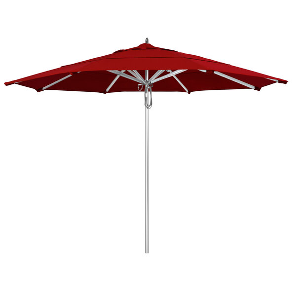 A California Umbrella with Sunbrella Jockey Red canopy on an aluminum pole.