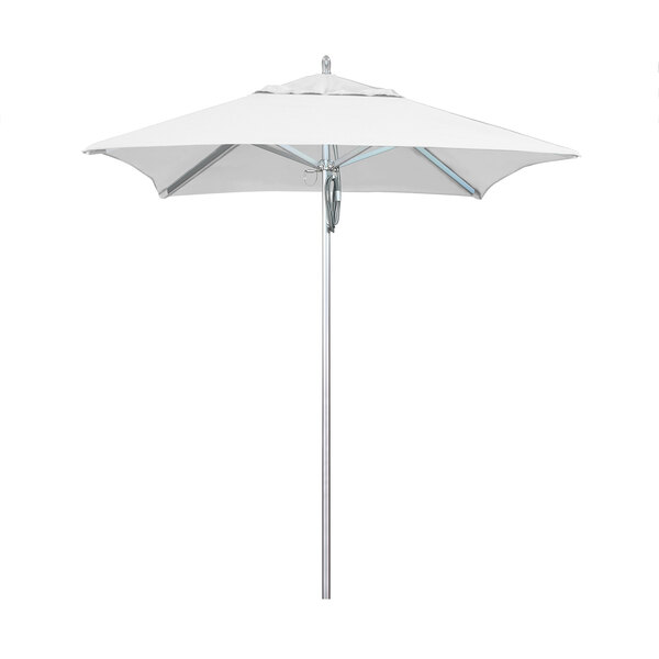 A California Umbrella Rodeo Series square outdoor umbrella with a natural Sunbrella canopy on an aluminum pole.