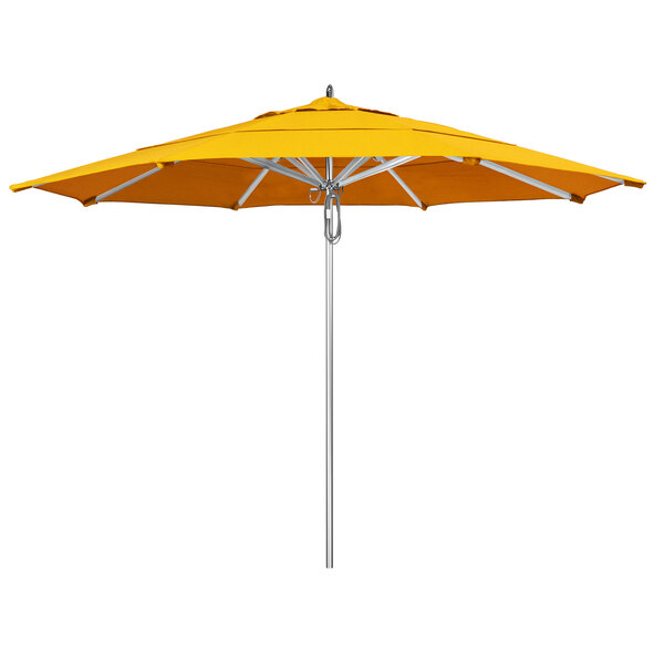 A California Umbrella with a Sunflower Yellow Sunbrella canopy on a white background.