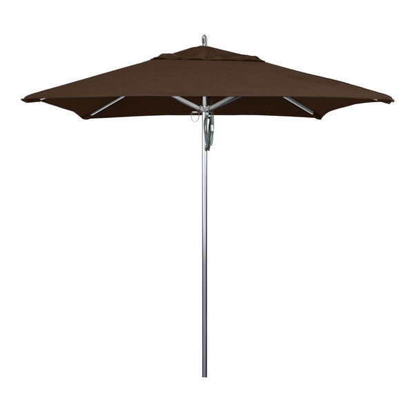 A California Umbrella with a Rodeo Bay Brown Sunbrella canopy on a metal pole.