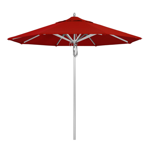 A California Umbrella with Sunbrella Jockey Red canopy on a pole.