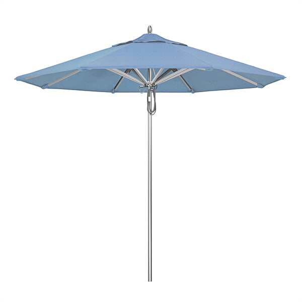 A California Umbrella with Sunbrella Air Blue fabric on a metal pole.