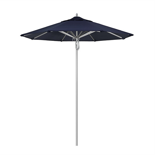 A blue California Umbrella with a Sunbrella navy blue canopy on a white background.