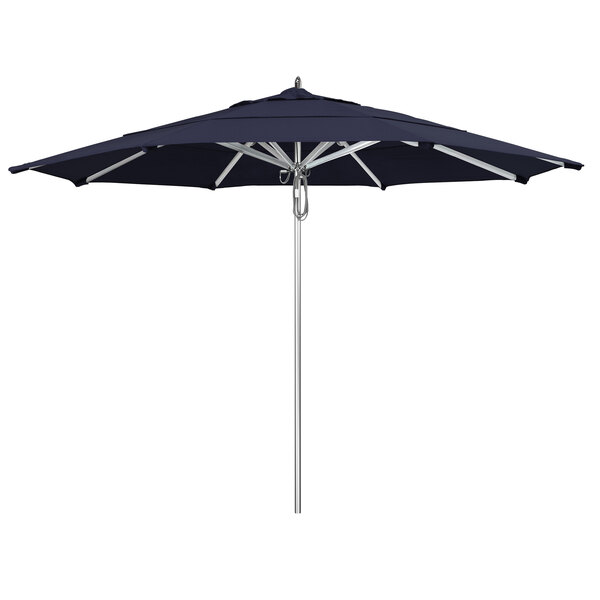 A California Umbrella navy blue umbrella with a black pole.