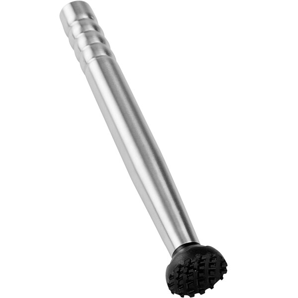 A stainless steel American Metalcraft muddler with a black rubber foot.