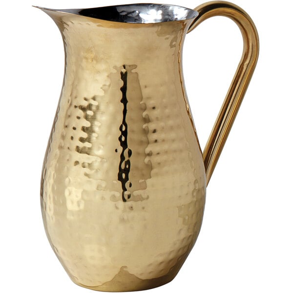 An American Metalcraft gold hammered stainless steel bell pitcher with a handle.