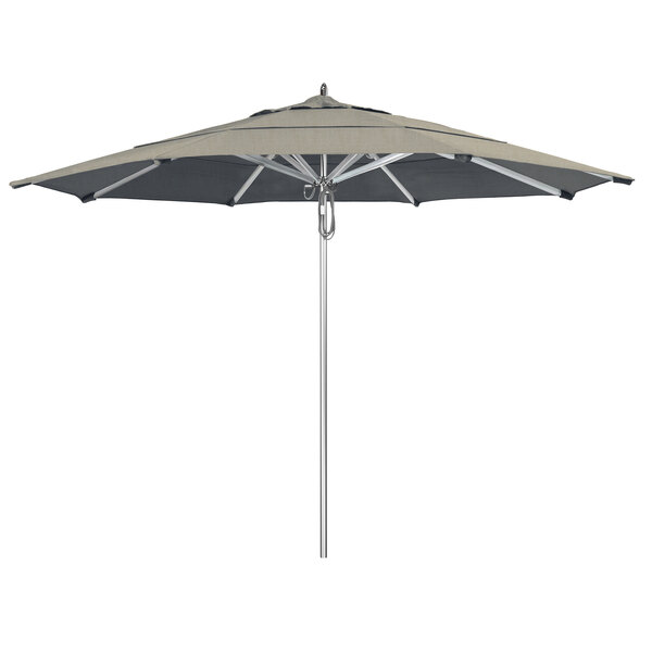 A California Umbrella with a Spectrum Dove Sunbrella canopy and aluminum pole.