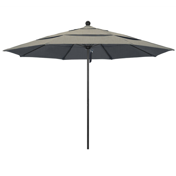 A black California Umbrella with a black pole and tan canopy.
