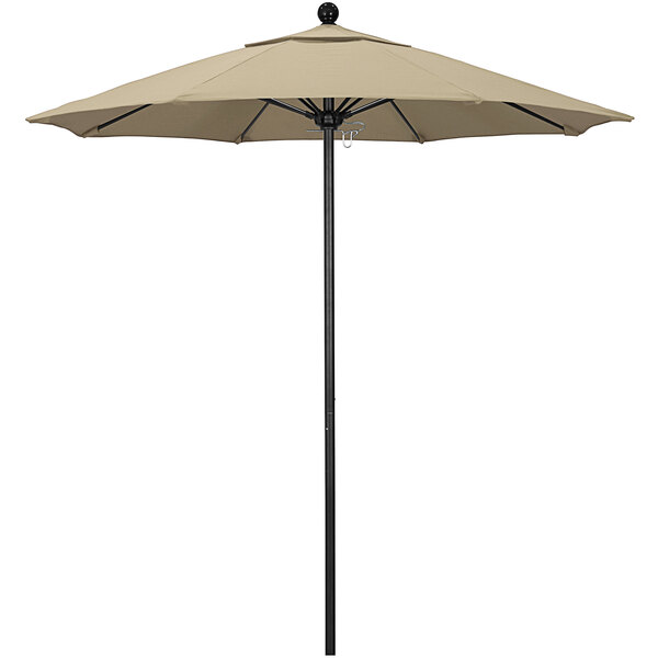 A California Umbrella round outdoor table umbrella with a black pole and antique beige Sunbrella canopy.