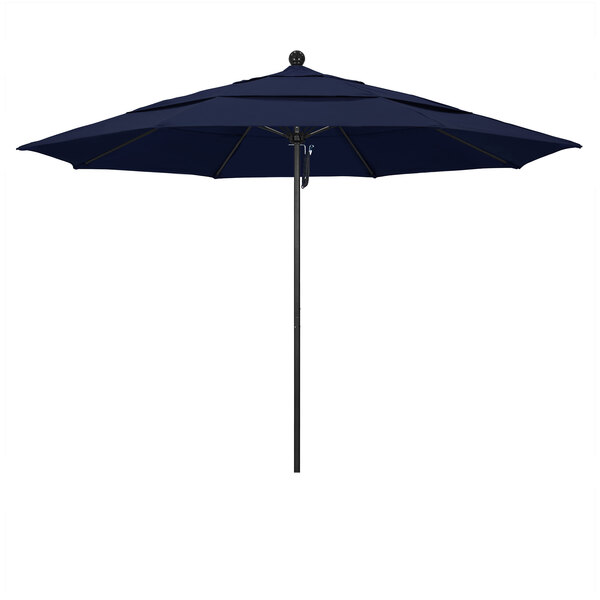 A California Umbrella ALTO round navy umbrella with a black pole.
