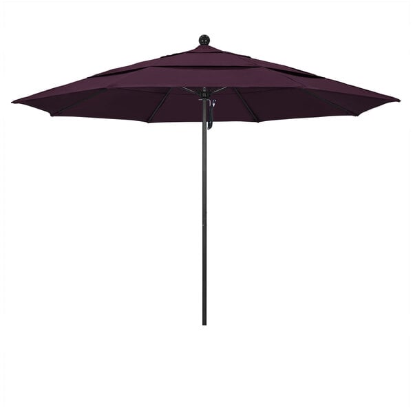 A purple California Umbrella with a black pole.
