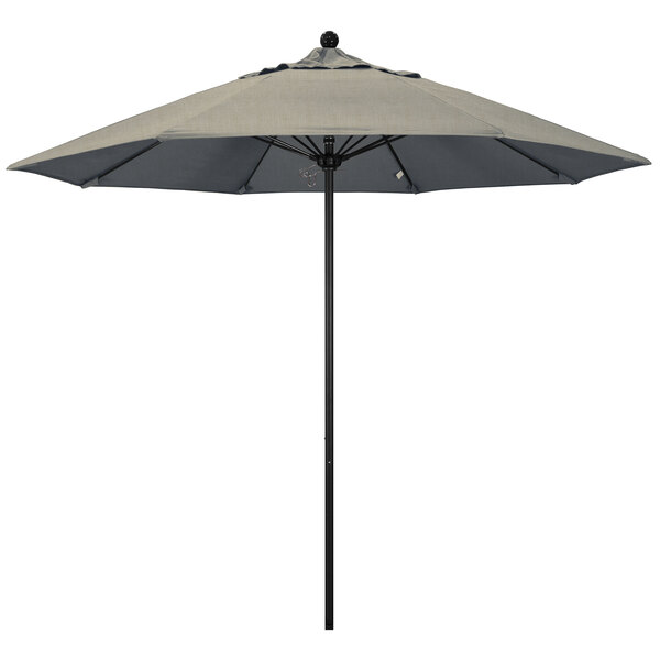 A grey California Umbrella with a Sunbrella canopy on a white pole.