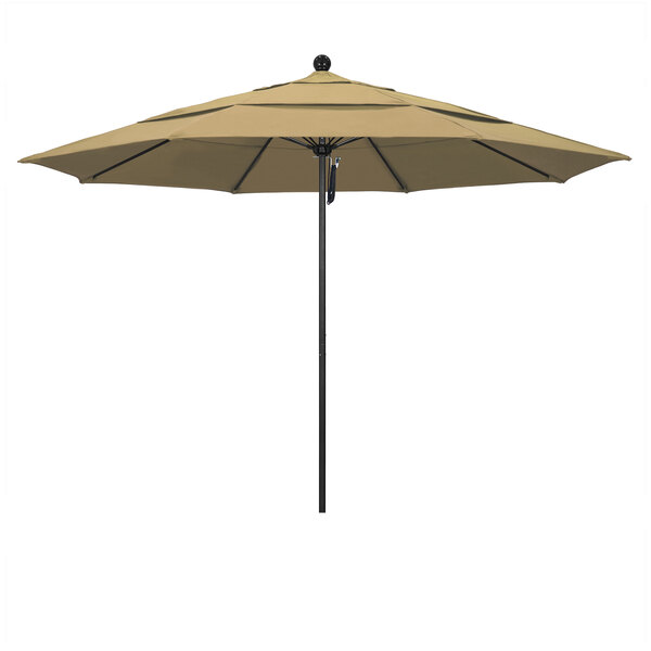 A champagne-colored California Umbrella ALTO outdoor table umbrella with a black pole.