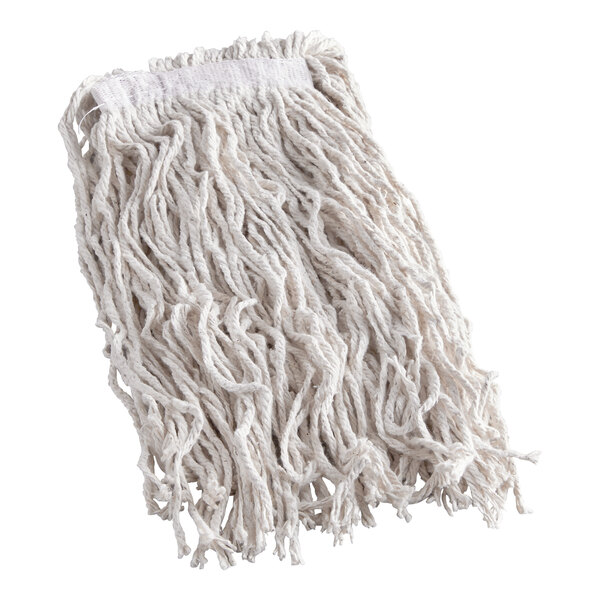 A Rubbermaid white cotton wet mop head with a 1" headband.