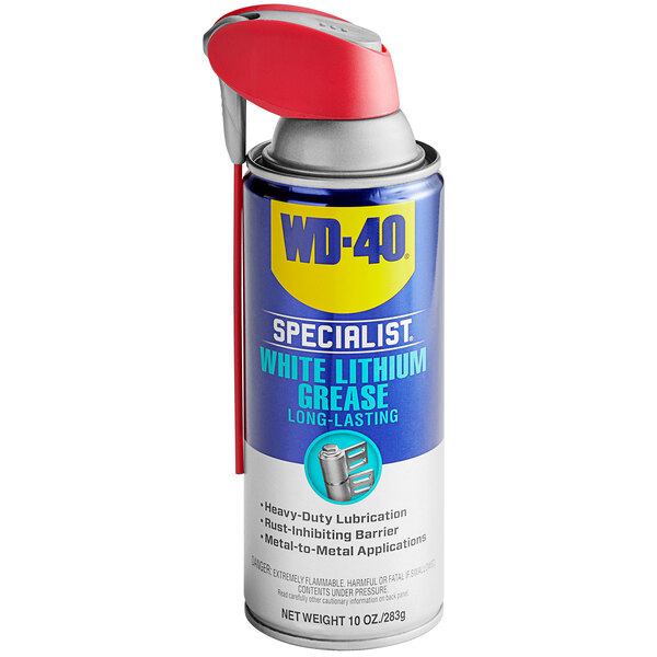 A blue can of WD-40 white lithium grease with a yellow label.