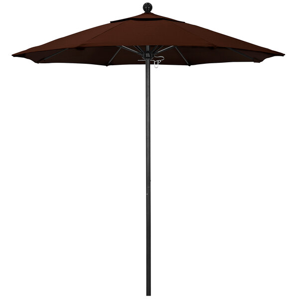 A brown California Umbrella on a black pole.