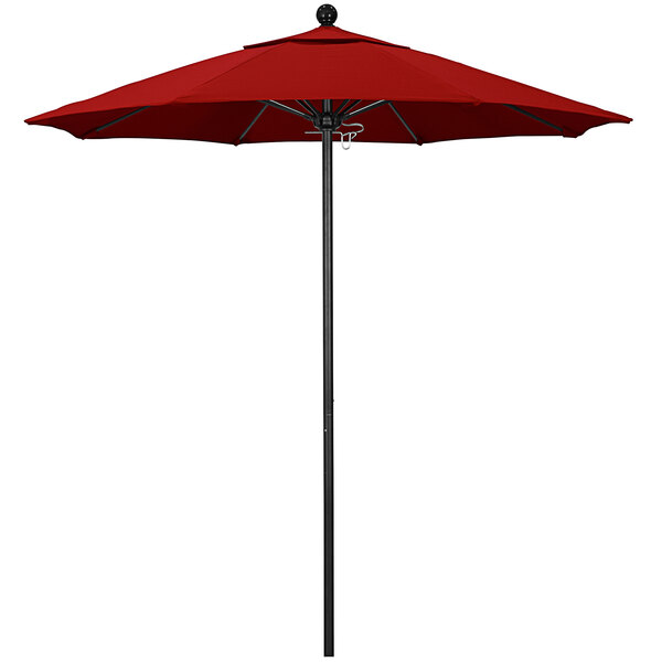 A red California Umbrella on an aluminum pole.