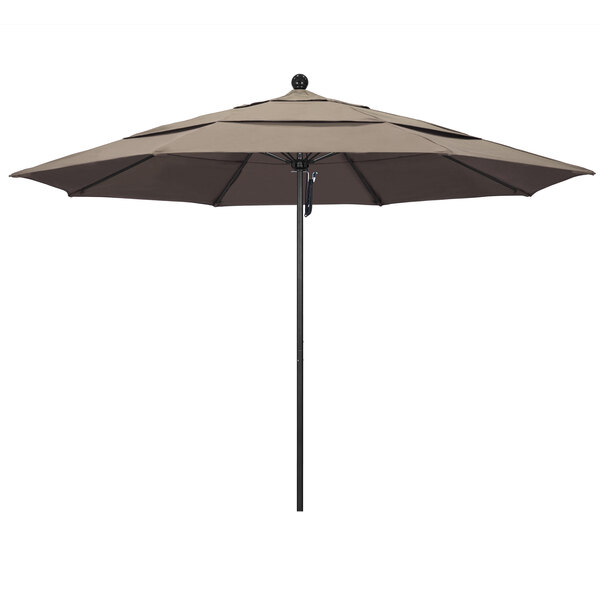 A California Umbrella with a black pole and taupe canopy on a pole.