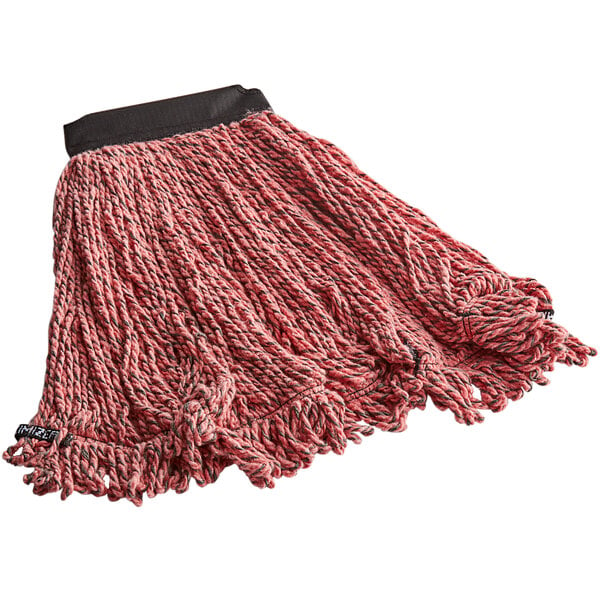 A red and black Rubbermaid wet mop head with a universal headband.