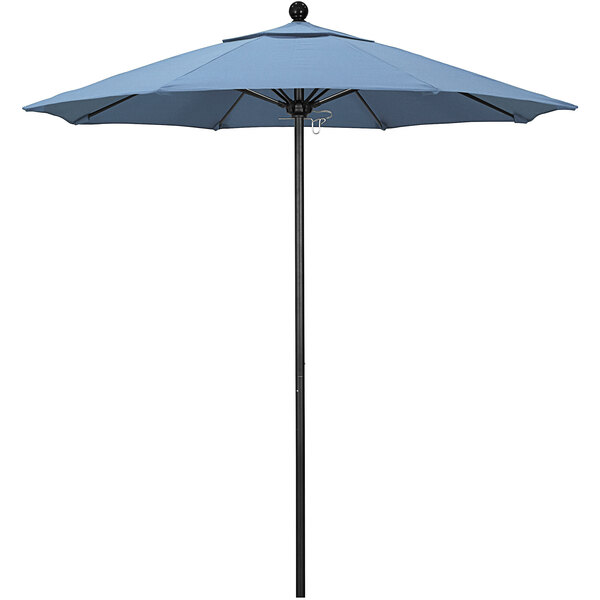 A blue California Umbrella with a black pole on a white background.