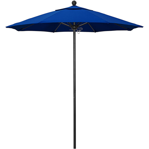 A Pacific Blue California Umbrella with a black pole.