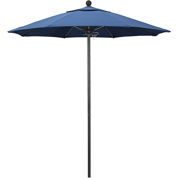 A blue California Umbrella with a black aluminum pole on a white background.