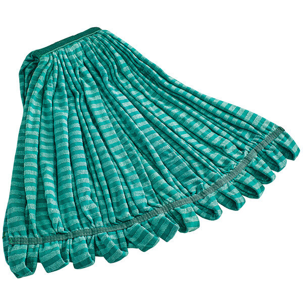 A green and blue striped Rubbermaid wet mop head.