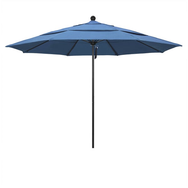 A close-up of a California Umbrella with a blue Olefin canopy on a white background.