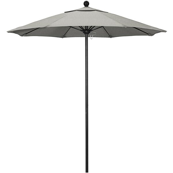 A grey California Umbrella with a Sunbrella granite canopy on a black pole.