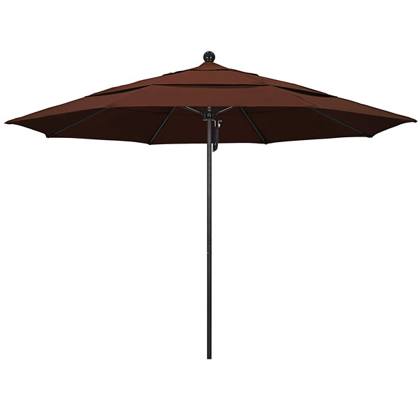 A brown California Umbrella on a black pole.