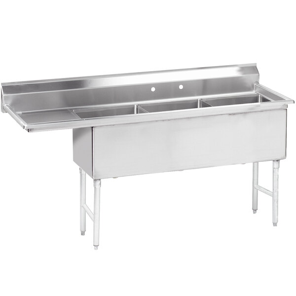 An Advance Tabco stainless steel three compartment pot sink with a left drainboard.