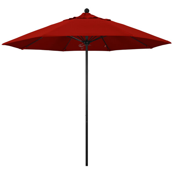 A close-up of a red California Umbrella on a white background.