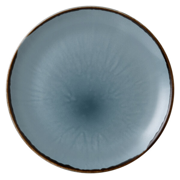 A Dudson Harvest blue china plate with a brown rim.